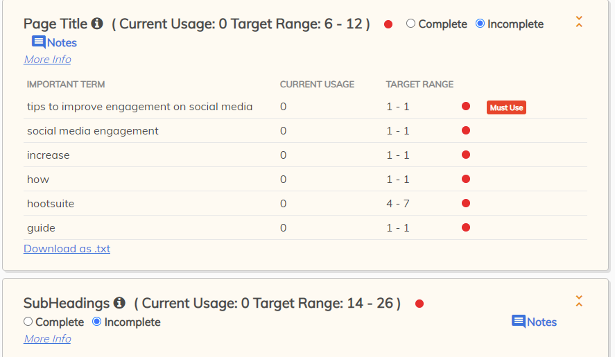 semantic research results from PageOptimizer Pro. Content creation tips