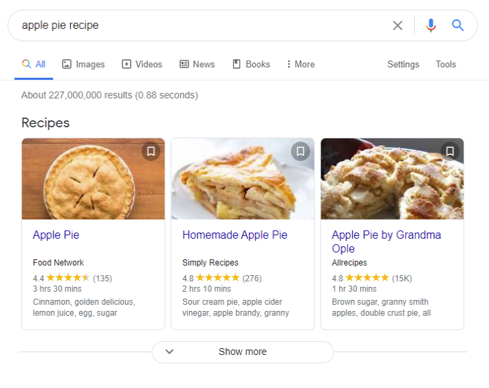 Structured data results from Google search